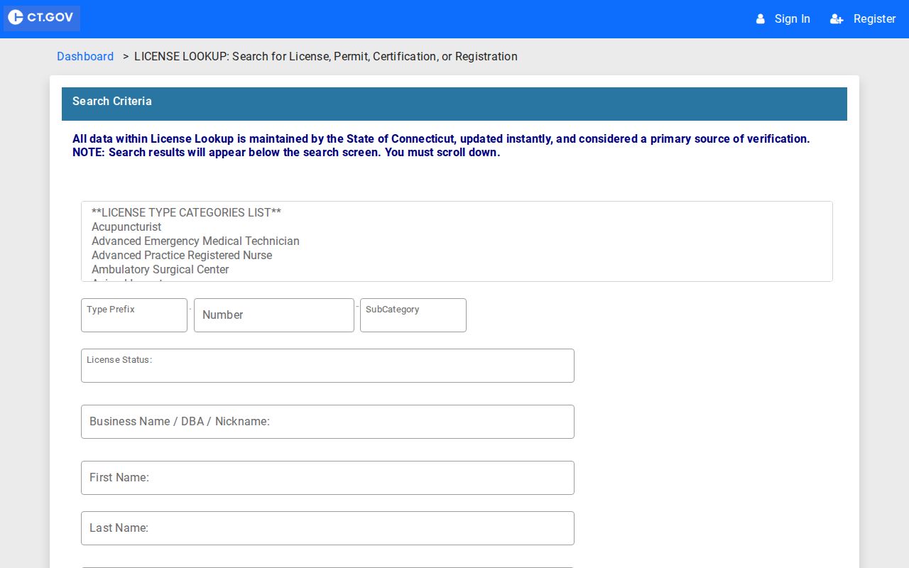 Manchester resident lookup Connecticut eLicense fields